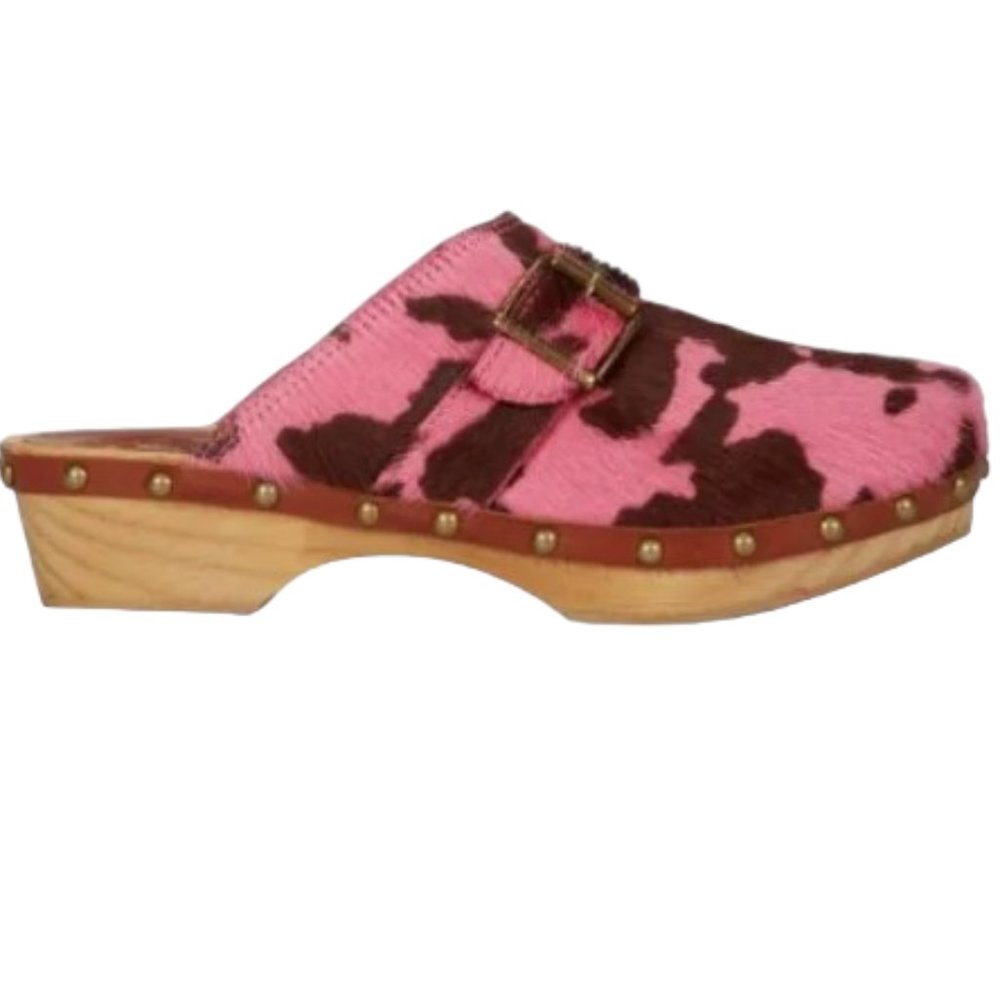 NEW Penelope Chilvers Amelia Friesian  Pink Cow Wood Sole Studded Mule Clog